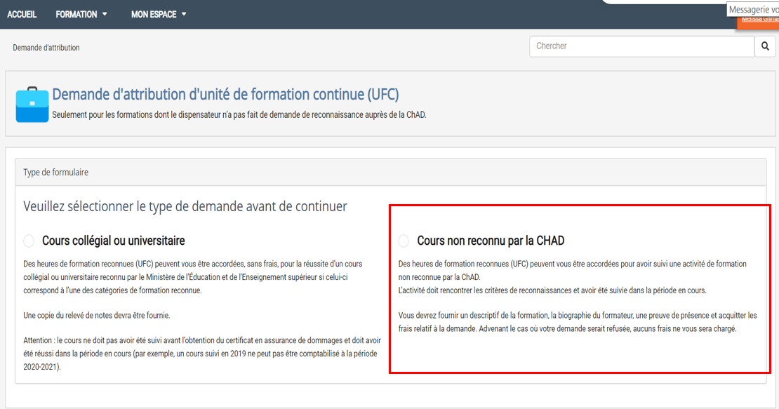 educhad cliquer cours non reconnu